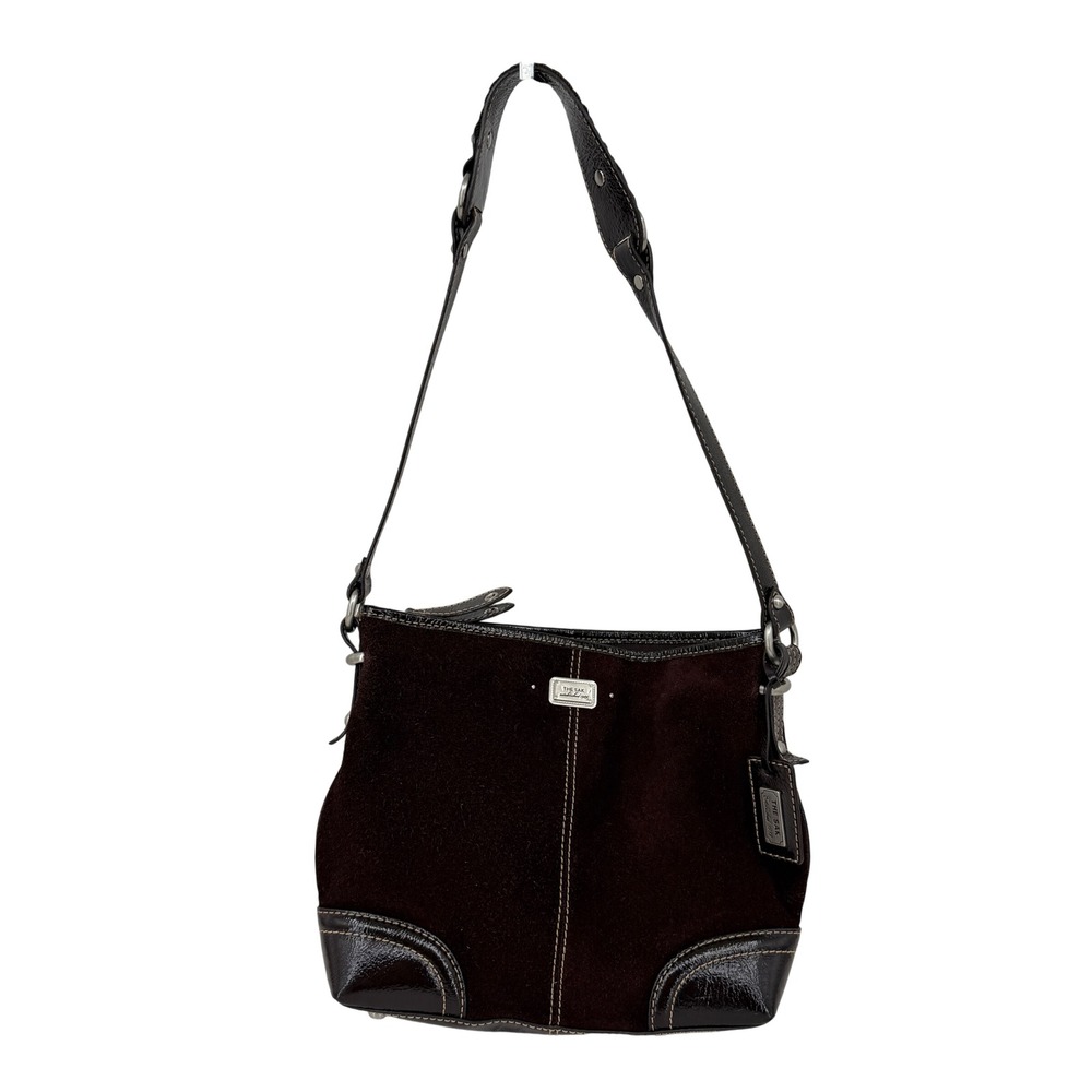 THE SAK Shoulder Bag Brown  Suede Patent Leather Top Zip Mixed Media